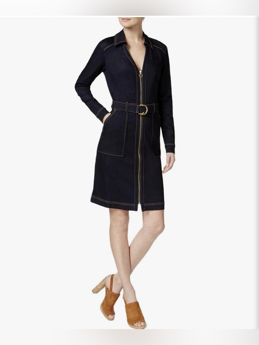 INC International Concepts Navy Zip-Front Shirt Dress with Belt